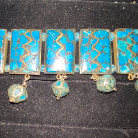 Vintage Bohemian Blue & Gold Gypsy Choker Necklace With Beaded Pendants - Picture 7 of 16